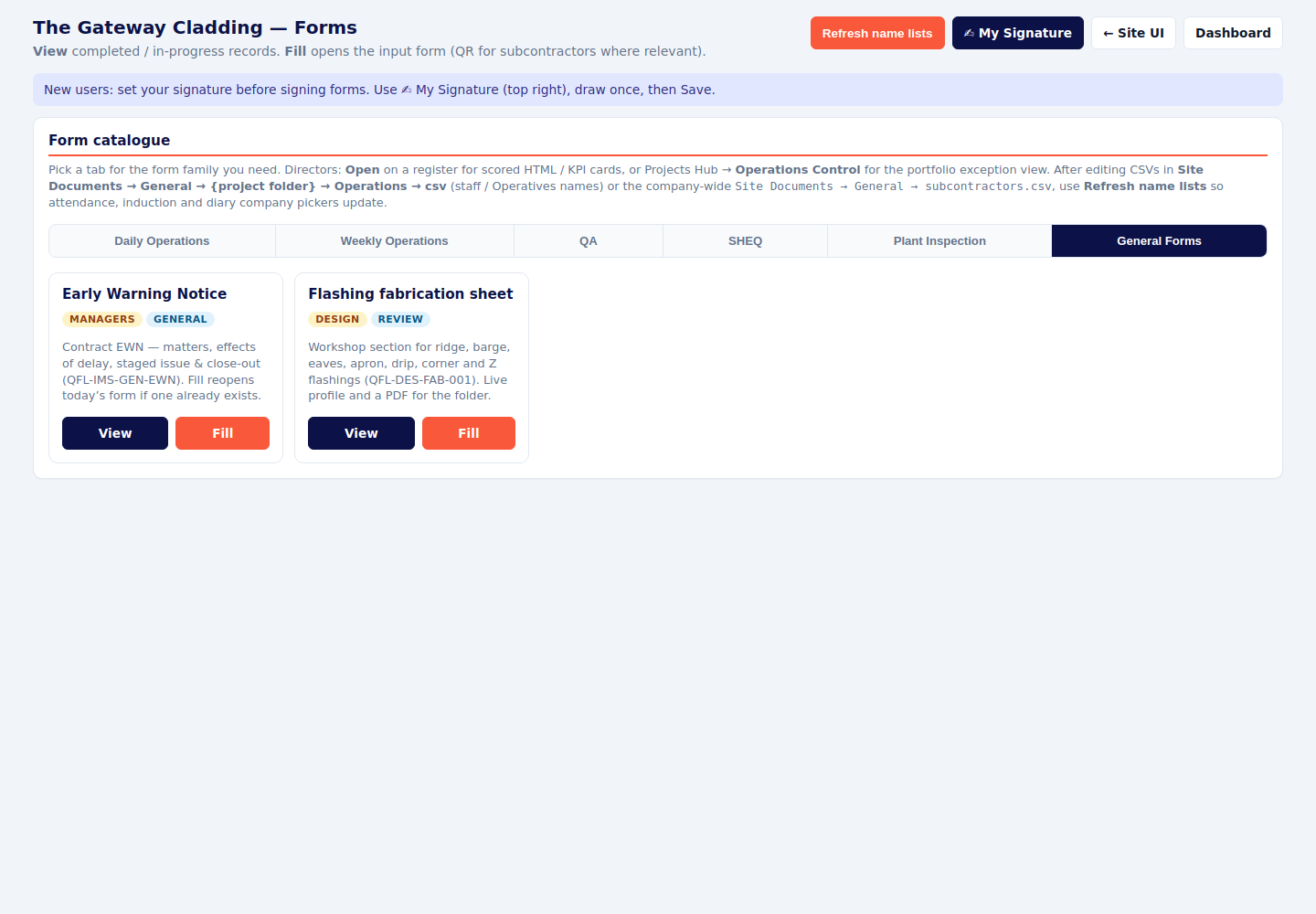General Forms tab with Early Warning Notice and the flashing fabrication sheet