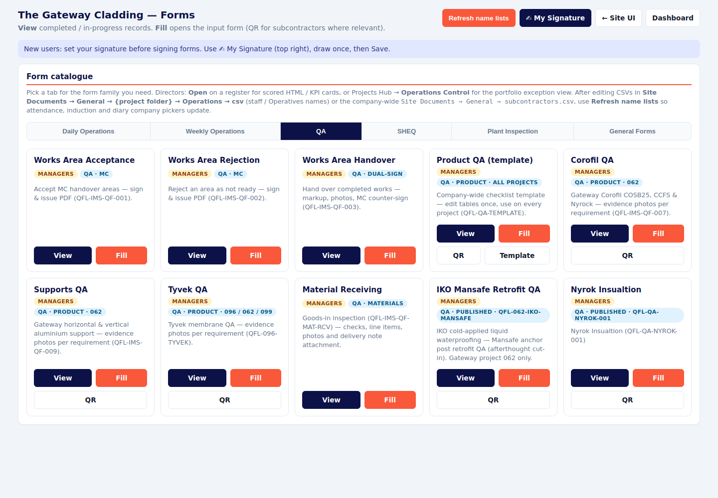 QA tab showing works area forms, product QA, Corofil, supports, Tyvek, material receiving, IKO and Nyrok