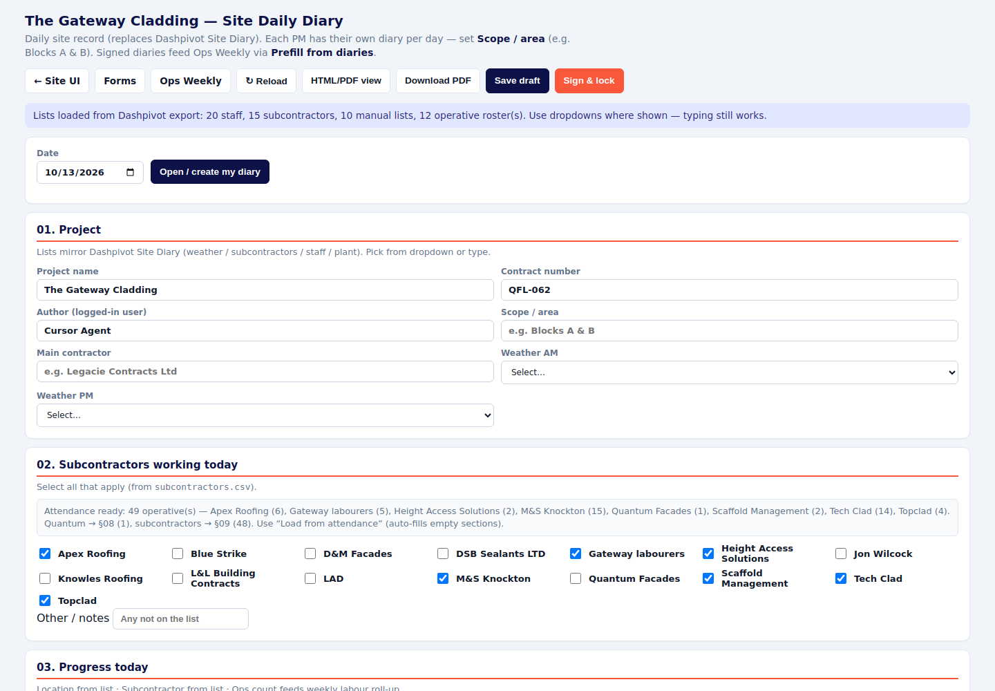 Site daily diary with project details and weather fields