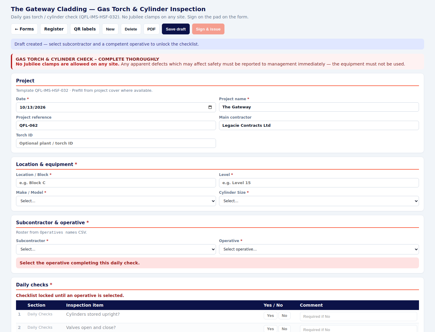 Gas torch and cylinder inspection form