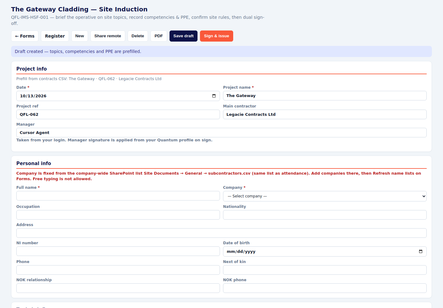 Site induction form with full name and company list